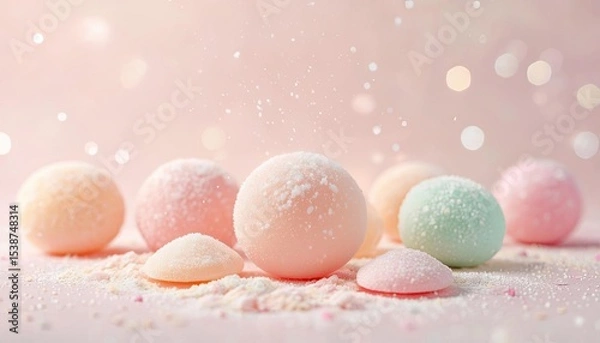 Fototapeta Colorful sugar balls in pastel shades scattered on a soft pink background. The texture is smooth with a light dusting of sugar, creating a sweet and inviting atmosphere.
