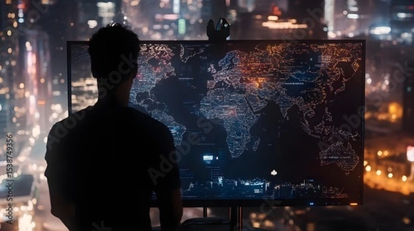 Obraz Man Standing in Front of Computer Monitor Displaying World Map