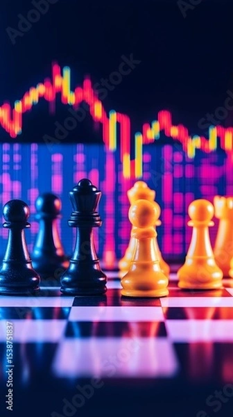 Fototapeta Chess pieces strategy, market graph backdrop, financial planning