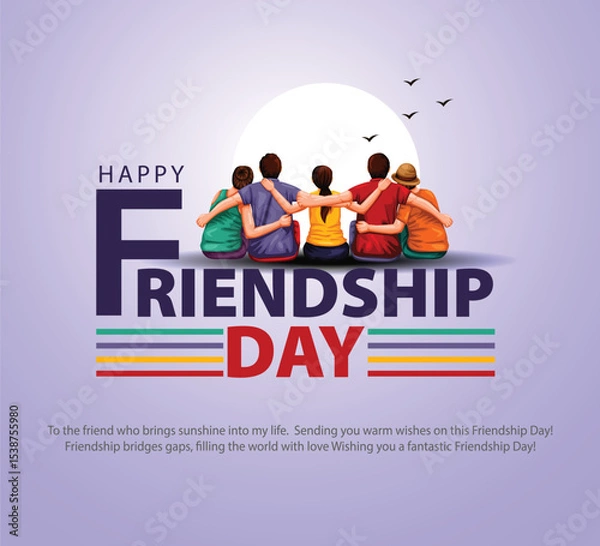 Fototapeta Happy international friendship day greeting card, back view of friends group. abstract vector illustration design