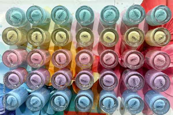 Fototapeta A colorful arrangement of nail polish bottles in various pastel shades. The bottles are neatly organized in rows, showcasing a vibrant spectrum of colors.