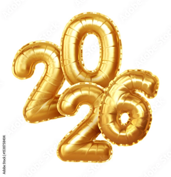Fototapeta Shiny Gold Balloon Style Numbers Depicting the Year 2026 on a White Background, Vector Illustration for New Year Celebrations and Festive Decorations
