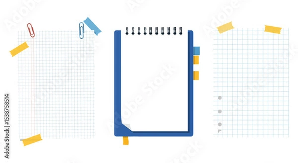 Obraz Colorful stationery layout with notepad and graph paper design vector illustration