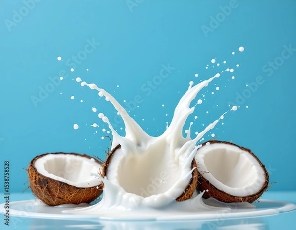Fototapeta high quality, coconuts bursting open, splashing milk in vibrant blue backdrop, subject at bottom, ample copy space at top for photos.