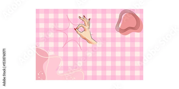Fototapeta A stylish illustration of a female hand making the OK gesture over a pink plaid background with playful abstract shapes. Suitable for fashion designs, pop art concepts, or modern social media graphics