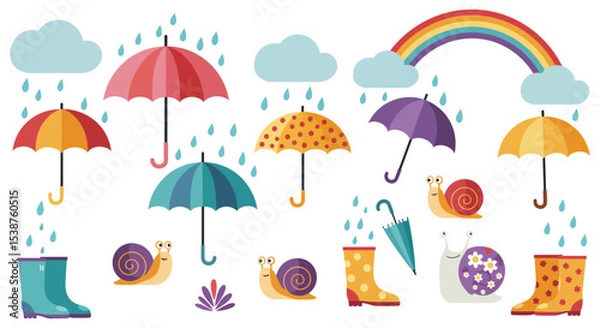Fototapeta Colorful rainy day elements with umbrellas, snails, and rainbow vector illustration
