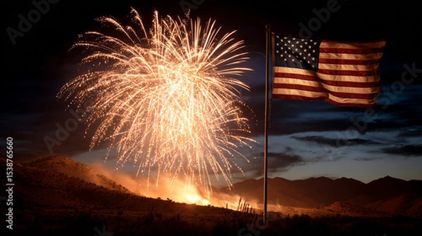 Obraz Silhouetted flag against a dramatic fireworks display over a desert landscape.