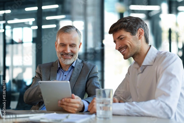 Fototapeta Mature businessman using a digital tablet to discuss information with a younger colleague in a modern business office