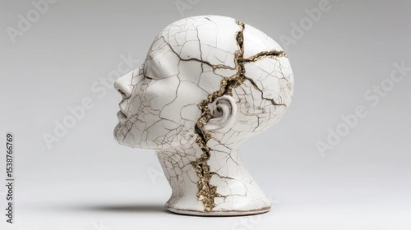 Fototapeta Broken porcelain head restored with gold using kintsugi technique symbolizing psychological resilience and emotional healing