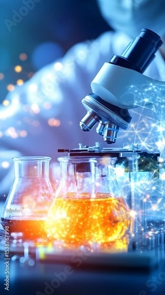 Fototapeta Scientist using microscope in lab, analyzing glowing liquid, research