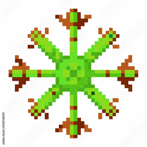 Fototapeta Pixel art green snowflake with eight arms, geometric symmetrical shape, digital retro game icon, isolated on white