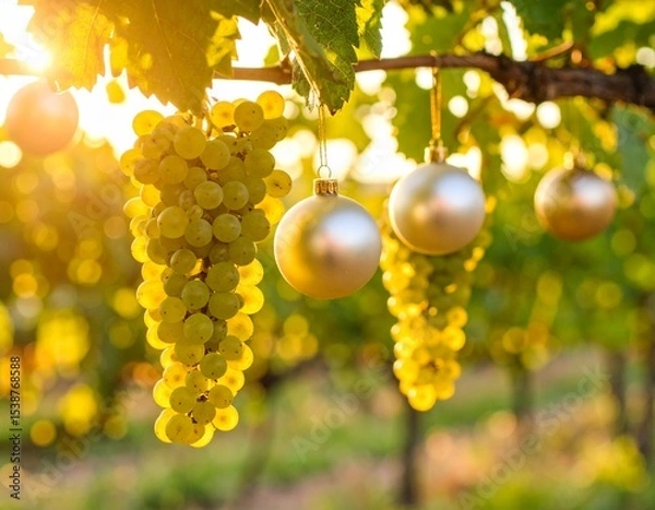 Obraz Decoraciones navideñas colgando de un parrón lleno de uvas