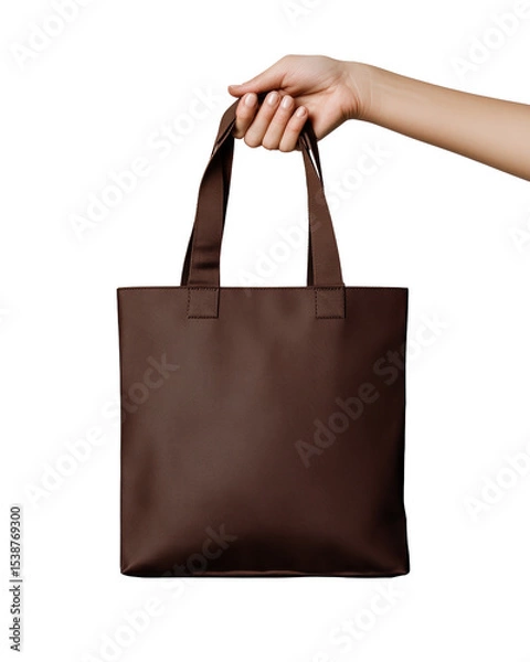 Fototapeta A hand is holding a brown bag. The bag is made of leather and has a brown color