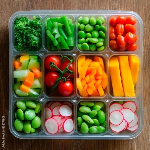 Fototapeta Plastic container on table filled with various vegetables including carrots, corn and green cucumber slices, cherry tomatoes, edamame beans, radishes. Top view, vegetable arrangement for food delivery