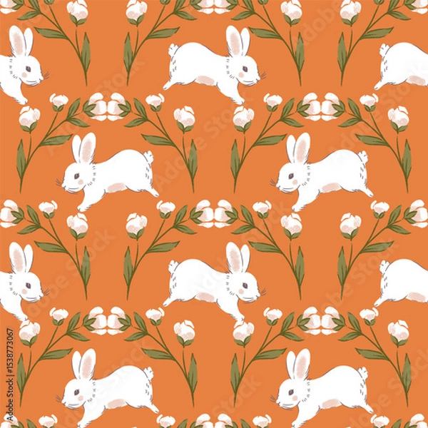 Fototapeta Jumping White Rabbits Under Flowers Vector Seamless Pattern
