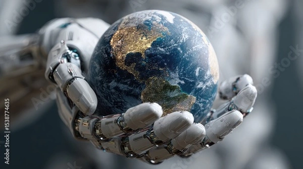 Fototapeta A robotic hand gently holds a glowing Earth, symbolizing technology's role in protecting and shaping the planet's future.