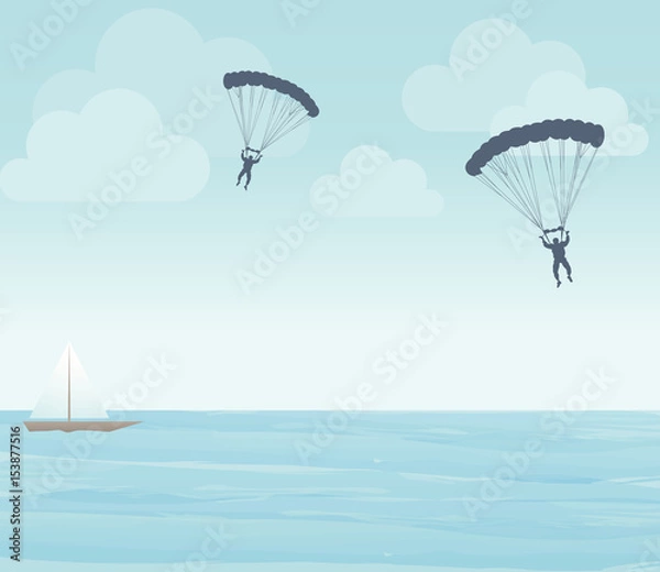 Fototapeta Paratroopers' silhouettes over the sea