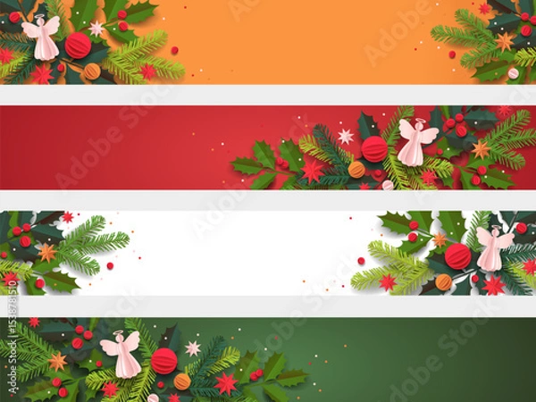 Fototapeta Paper cut template. Collection of Christmas vector greeting cards. Christmas tree, balls, and a decor isolated on a colorful background. Winter frame for holidays with place for text.

