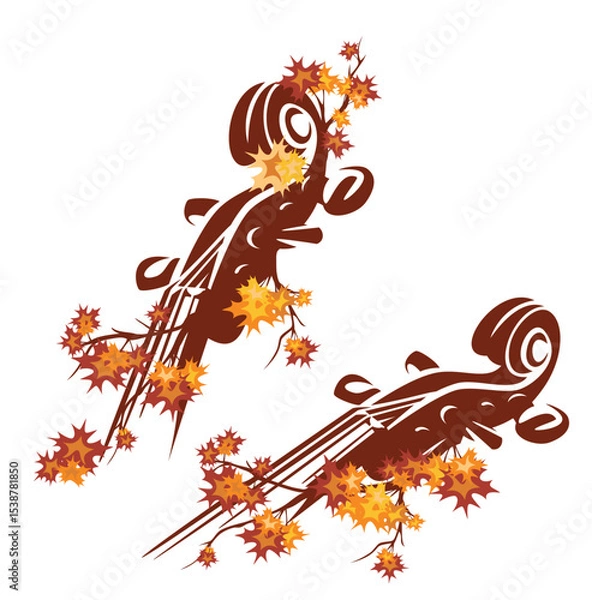Obraz violin instrument neck and pegbox among autumn maple tree branches - fall season outdoor classical music concert vector design set