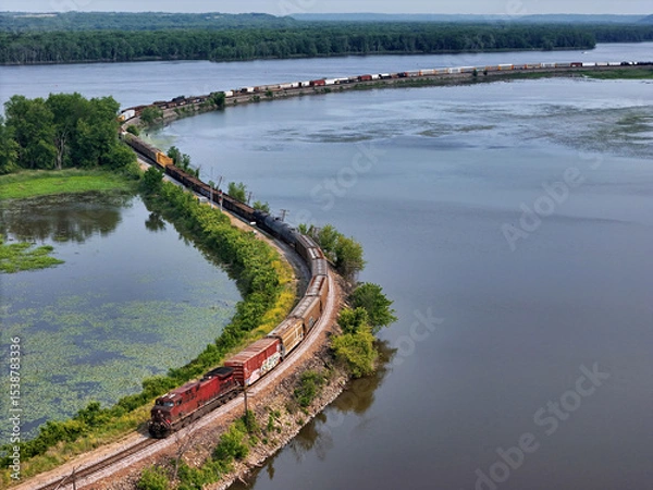 Obraz Railroad locomotive pulling a freight train of mixed car types along the Mississippi river
