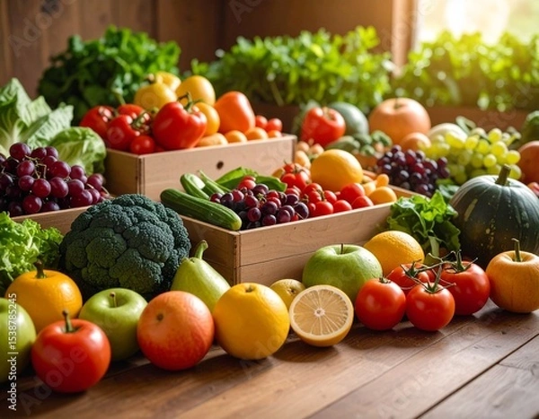 Obraz Primer plano de verduras y frutas frescas y coloridas dispuestas sobre una mesa de madera
