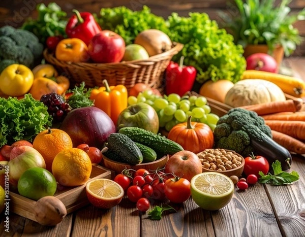 Obraz Primer plano de verduras y frutas frescas y coloridas dispuestas sobre una mesa de madera