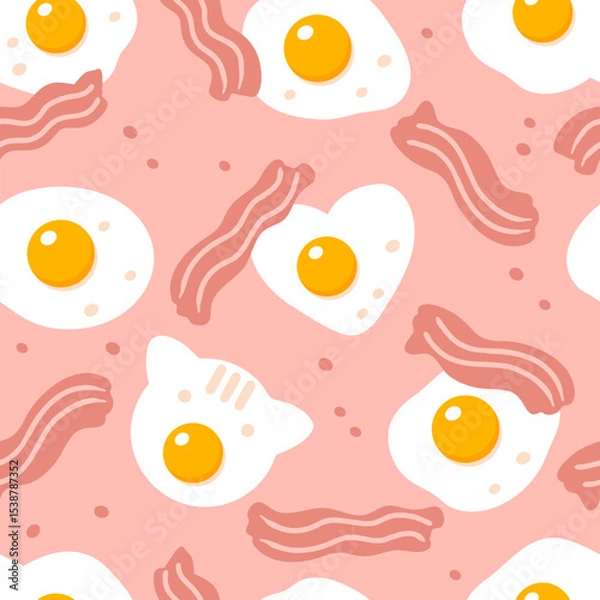Fototapeta Roasted bacon slices and eggs seamless pattern. Food background for any purposes. Hand drawn vector illustration.