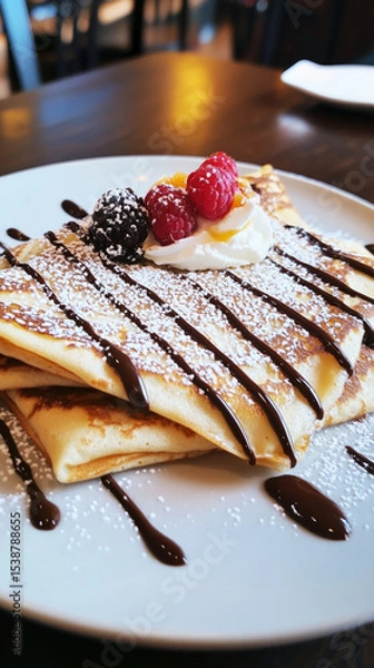 Fototapeta Savory crepes stacked high, garnished with vibrant berries and creamy whipped topping, served in an inviting French cafe during a relaxed brunch hour