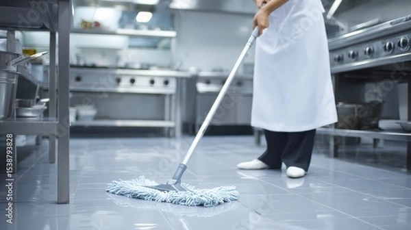 Fototapeta A person wearing a white apron mops the shiny tiled floor of a professional kitchen.