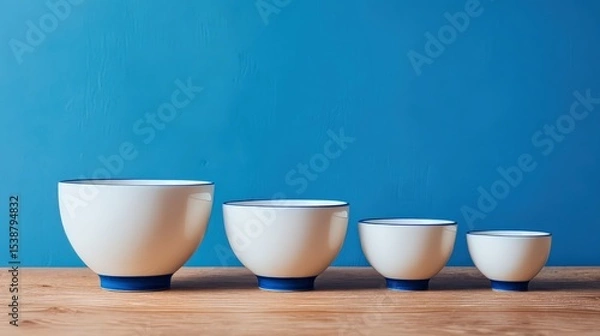 Fototapeta Four white ceramic bowls with blue rims, arranged in descending size order on a wooden surface against a solid blue background.