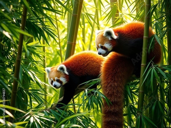 Fototapeta Playful red pandas climbing in lush bamboo forest, vibrant green foliage, early morning soft sunlight, adorable wildlife scene, highly detailed fur textures, Ai Generate.