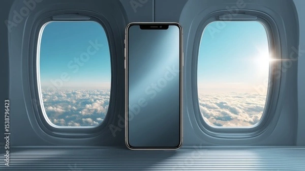 Fototapeta A smartphone stands upright on an airplane tray table, framed by two windows showing a bright sky and clouds outside.