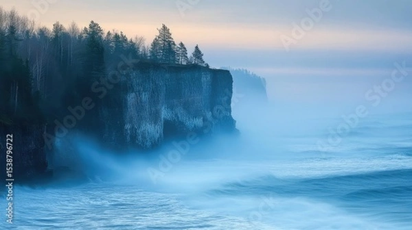 Fototapeta Serene Coastal Cliffs with Gentle Ocean Waves Under Soft Morning Light in a Foggy Atmosphere