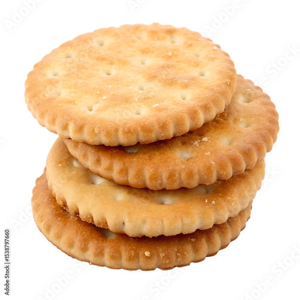 Fototapeta Crispy Crackers Three golden-brown round crackers, stacked on top of each other, showcasing their crispy texture and subtle detailing. A perfect image for food blogs, packaging, or recipe websites.