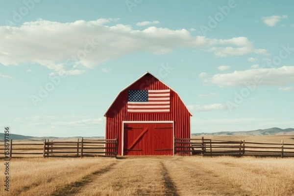 Fototapeta A red barn with a flag on it