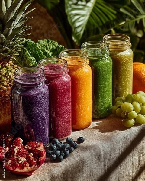 Fototapeta Glass jars of five colorful smoothie types made from fruit and vegetables
