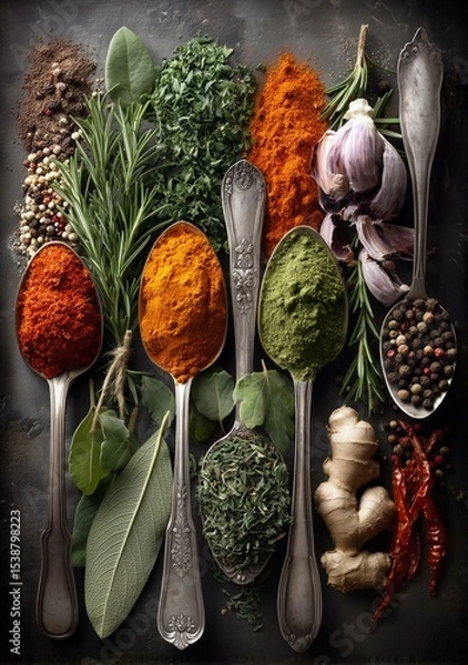 Fototapeta Set of various kinds of spices and fresh or dried herbs - pepper, paprika,  ginger, garlic, turmeric, rosemary, sage