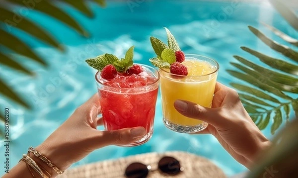 Fototapeta Two women's hands holding yellow and pink cocktails with raspberries and mint leaves and ice at the pool in summer 