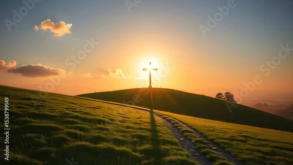 Fototapeta Path leading to christian cross at sunset over green hills