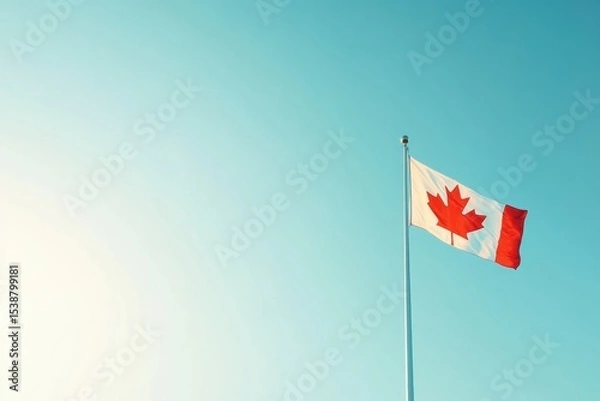 Fototapeta A Canadian flag with a red maple leaf on it is flying in the sky