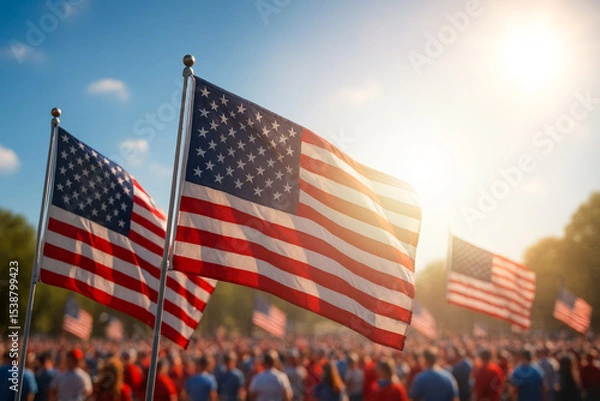 Fototapeta American flags waving in the wind during Independence Day celebration with crowd in background