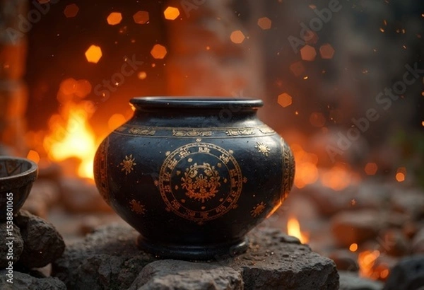 Fototapeta Ancient pottery jars against the backdrop of flames