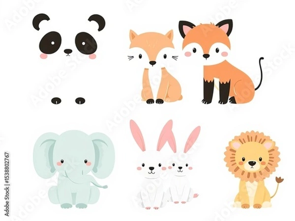 Fototapeta Cute baby animals PNG illustration pack panda, fox, elephant, bunny, lion soft pastel tones, 3-row layout, white background, nursery theme design assets, Ai Generate.