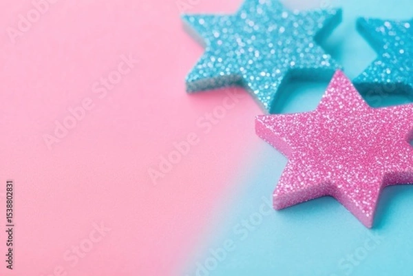 Fototapeta A pink and blue background with glittery snowflakes, with ample copy space for text.