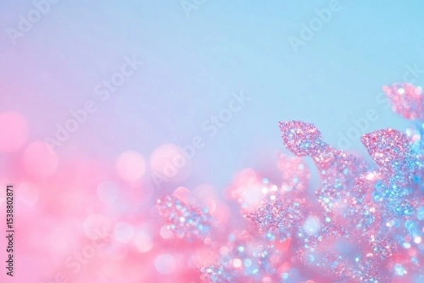 Fototapeta A pink and blue background with glittery snowflakes, with ample copy space for text.