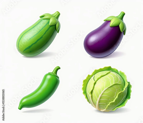 Fototapeta Cute 3D vegetable icon collection zucchini, eggplant, chili, green bean, and cabbage high detail and playful design, 3-row layout, isolated on white, Ai Generate.