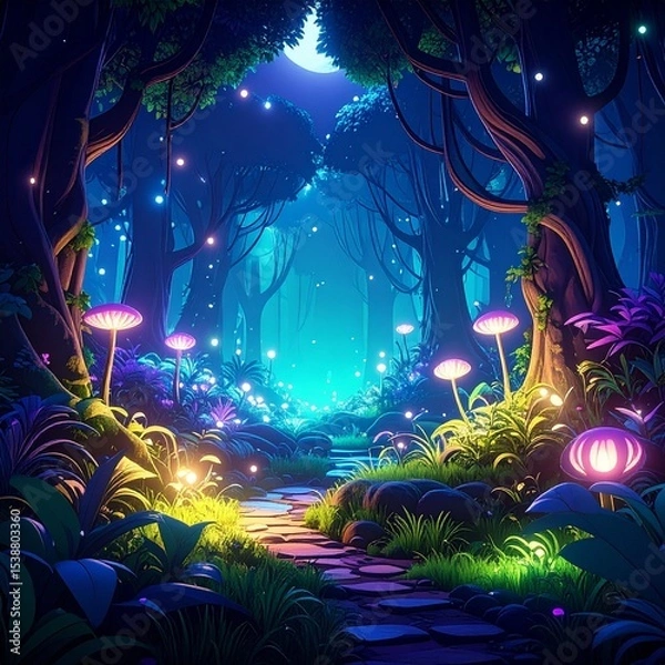 Fototapeta Mystical Forest with Glowing Plants in Anime Aesthetic