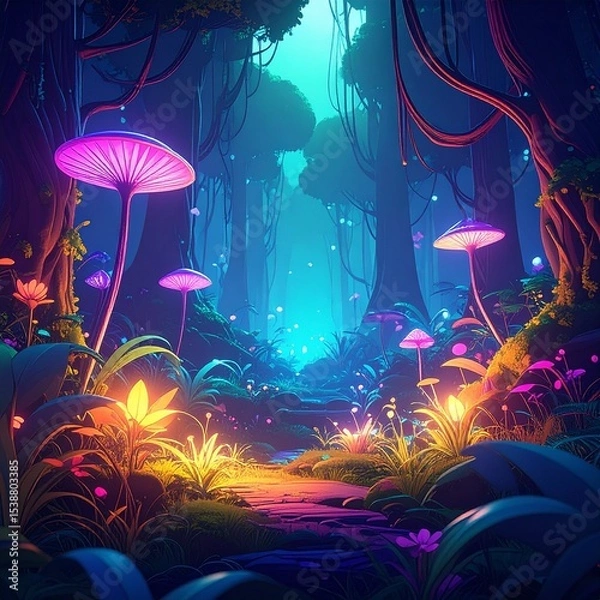 Fototapeta Mystical Forest with Glowing Plants in Anime Aesthetic