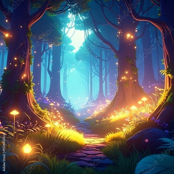 Fototapeta Mystical Forest with Glowing Plants in Anime Aesthetic