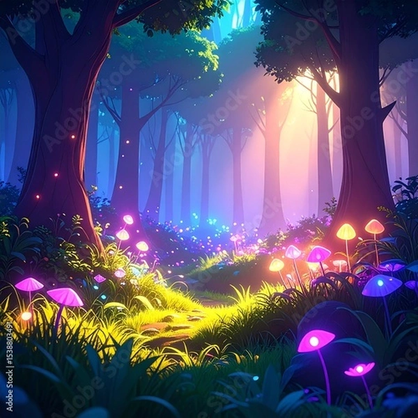 Fototapeta Mystical Forest with Glowing Plants in Anime Aesthetic